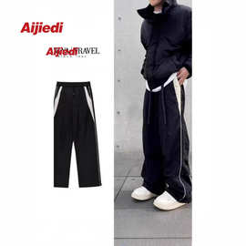 纯棉黑色运动休闲裤白线条直筒宽松长裤美式拼色耍酷潮流嘻哈风