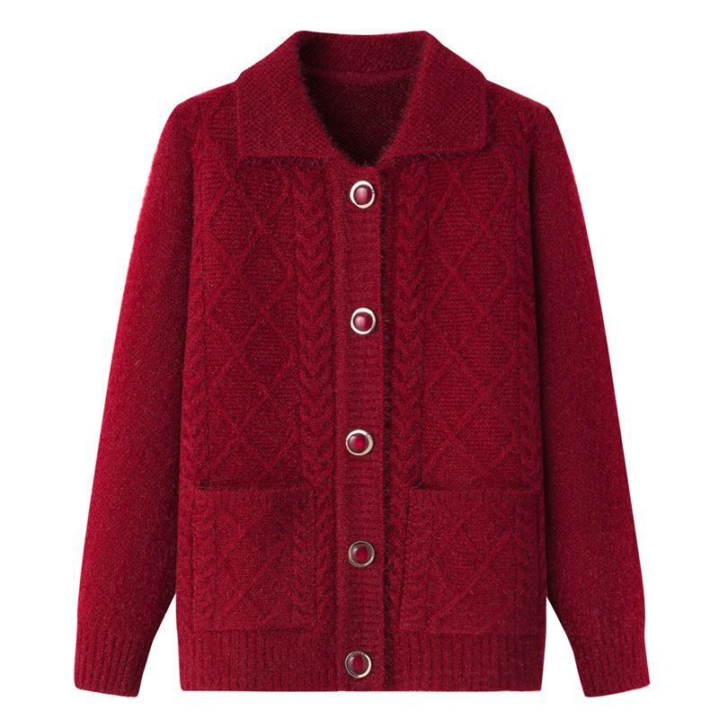 Thickened Knitted Knitwear for Mothers, Elderly Women's Cardigan Coat with a Turn-Down Collar for Autumn and Winter, Spring and Autumn Wear for Seniors