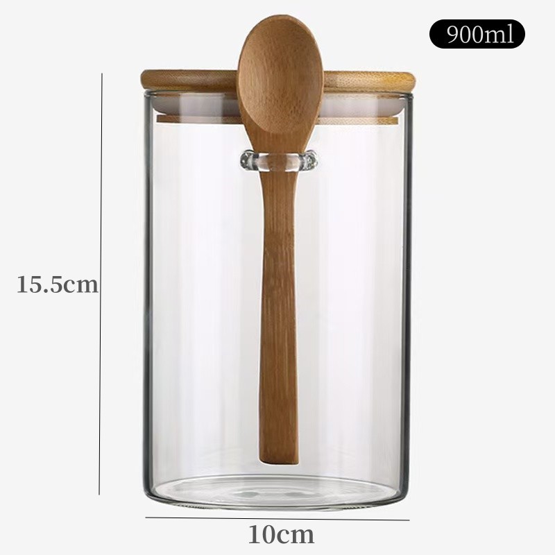 lata de té transparente alta borosilicona vidrio doméstico con cuchara lata de sellado cocina granos frutas secas almacenamiento tanque de almacenamiento