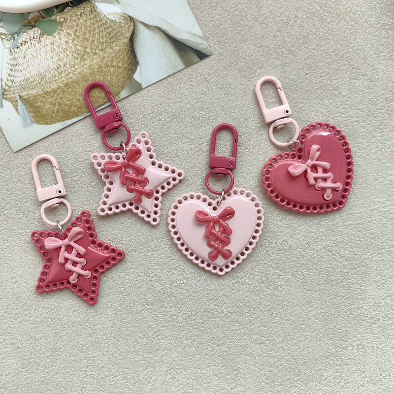 Hollow-Out Heart Star Ribbon Keychain Sweet Girl Charm Pendant Cute Bowknot Best Friend Bag Accessory Hollow-Out Heart Star Ribbon Keychain Sweet Girl Charm Pendant Cute Bowknot Best Friend Bag Accessory