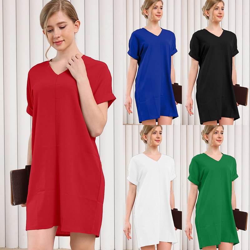 2024 Amazon Solid Color H-Shaped V-Neck Short-Sleeve Loungewear Dress with Spliced Bubble Gauze High Waist, Elegant and Graceful 2024 Amazon Solid Color H-Shaped V-Neck Short-Sleeve Loungewear Dress with Spliced Bubble Gauze High Waist, Elegant and Graceful