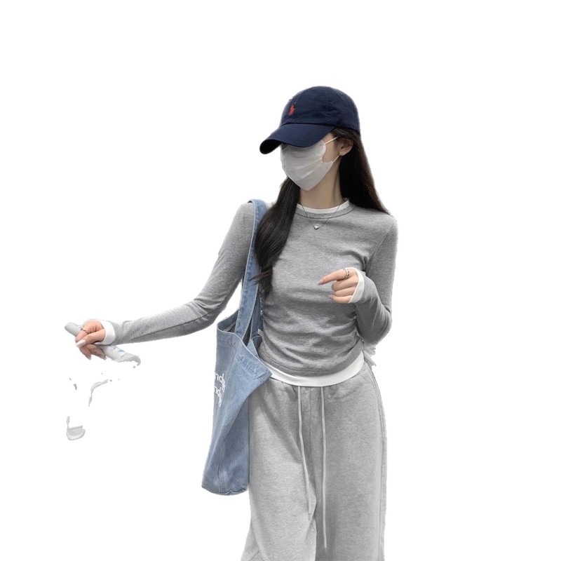 纯欲设计感秋季拼接撞色美式假两件褶皱长袖修身T恤显瘦上衣打底|undefined