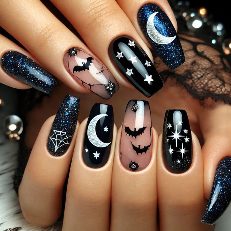 Halloween Wearable Nails Medium Rectangular Starry Sky Moon Bat Star Pattern Removable Press-On Fake Nail Patch