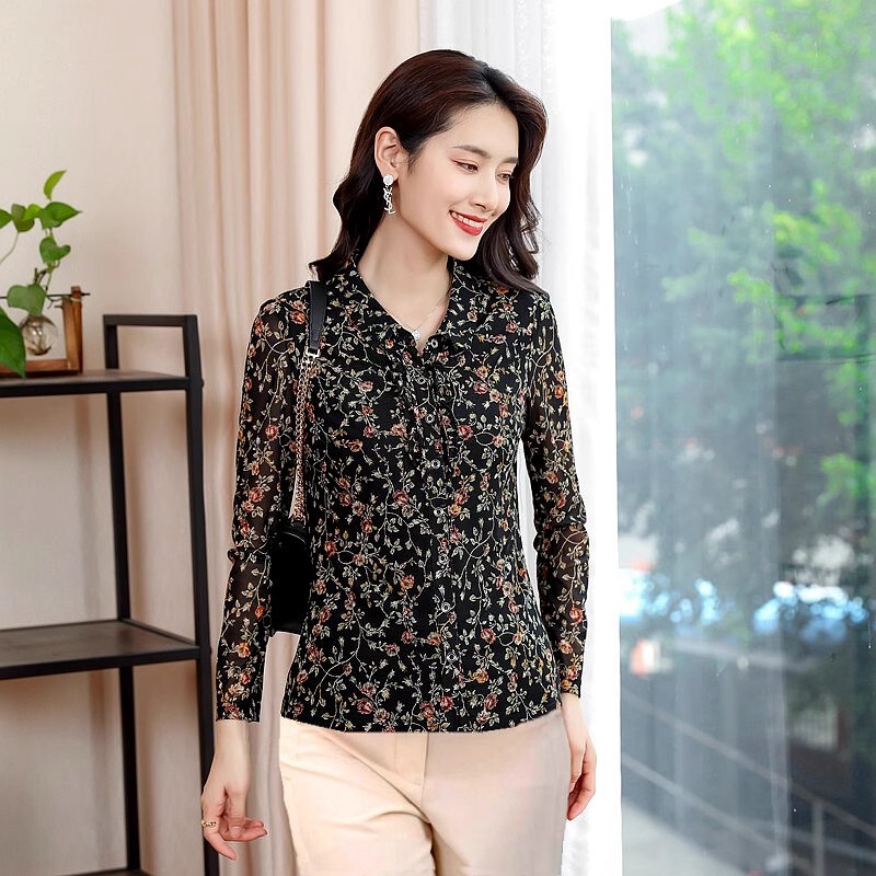 Jin Yiluo Middle-aged and Elderly Women's Spring and Autumn Open Button Shirt Taiwan Mesh Long-sleeved Mother's Small Shirt