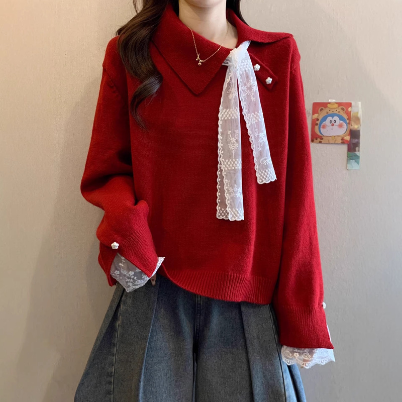 High-End Red Sweater Autumn/Winter 2025 New Plus-Size Women's Clothing for Curvy Women, Stunning Lace Patchwork Knit Top