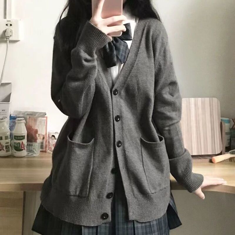 甜美学院风纯色毛衣女校供感宽松百搭纯色长袖领针织开衫套装|undefined