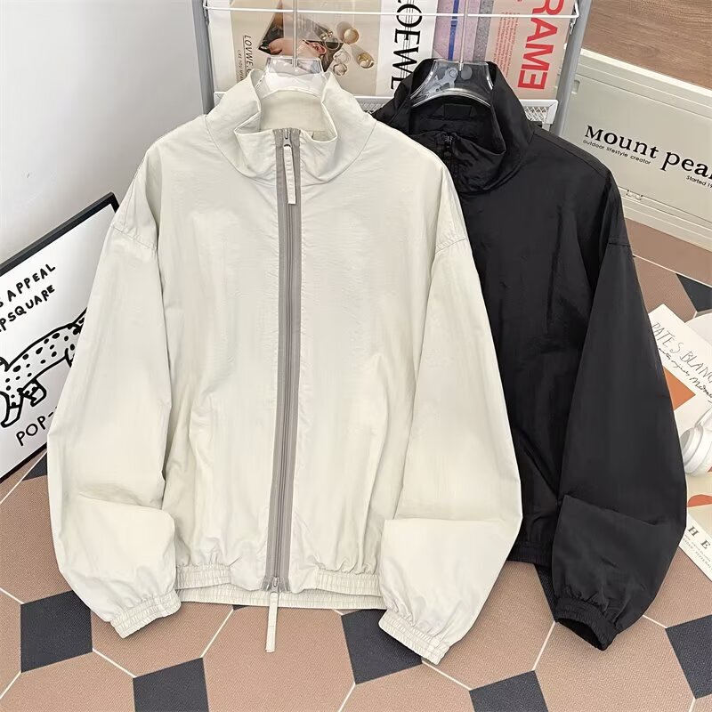 Loose Cleanfit Casual Trendy American Quick-Dry Men's Stylish Solid Color Jacket Sports Stand Collar Jacket for Spring and Autumn Loose Cleanfit Casual Trendy American Quick-Dry Men's Stylish Solid Color Jacket Sports Stand Collar Jacket for Spring and Autumn