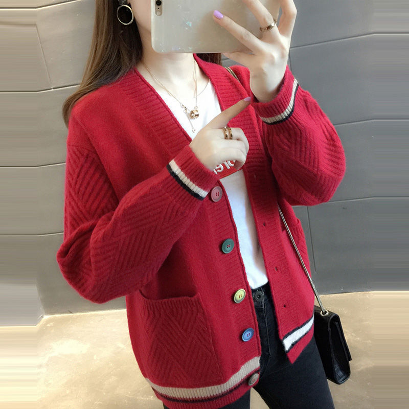 春と秋の新 V ネックカラーブロックセーター女性のコート韓国スタイルルーズ多用途ファッション西洋スタイルニットカーディガン女性|undefined