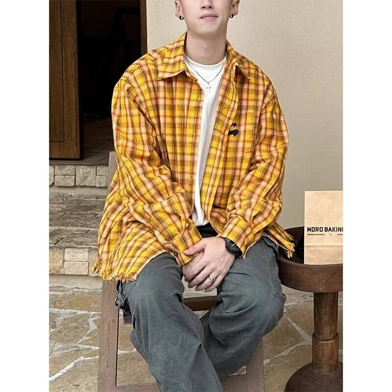 American retro trendy dopamine yellow plaid shirt for autumn and summer, loose-fitting embroidered tassel long-sleeve shirt for couples, unisex American retro trendy dopamine yellow plaid shirt for autumn and summer, loose-fitting embroidered tassel long-sleeve shirt for couples, unisex