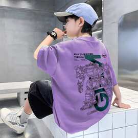 100%纯棉儿童T恤短袖2026夏季新款中大童男童帅气印花半袖潮T上衣