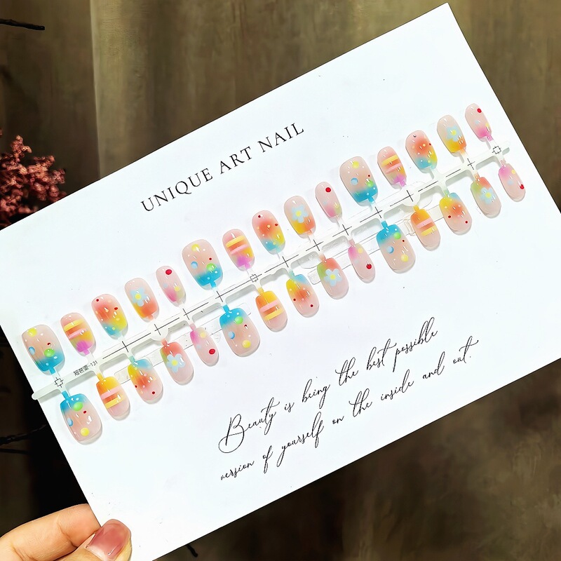 S678-Pre-Made Nails with Full Rainbow Bubblegum Design, Macaron Colorful Gradient Polka Dots, Detachable Nail Pieces