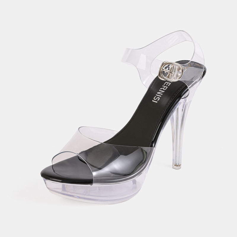 Dép sandal nữ cao gót quai ngang trong suốt đính pha lê, đế platform gót 9 cm — bạc, màu hồng, màu mơ, màu đỏ