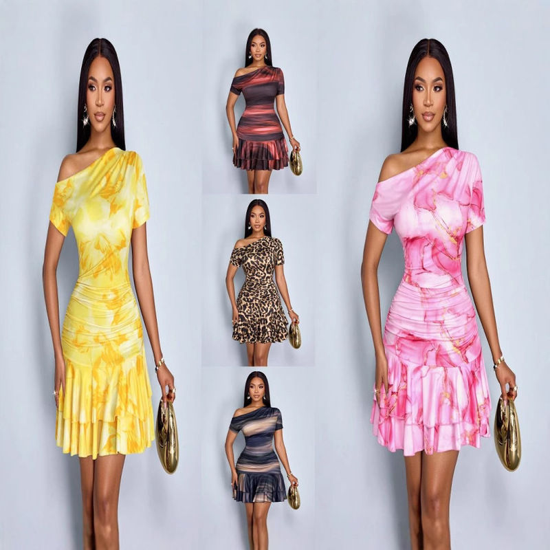 Cross-Border 2025 New European and American Clothing Amazon Summer Slim Printed One-Shoulder Long Skirt High Waist Hip Dress