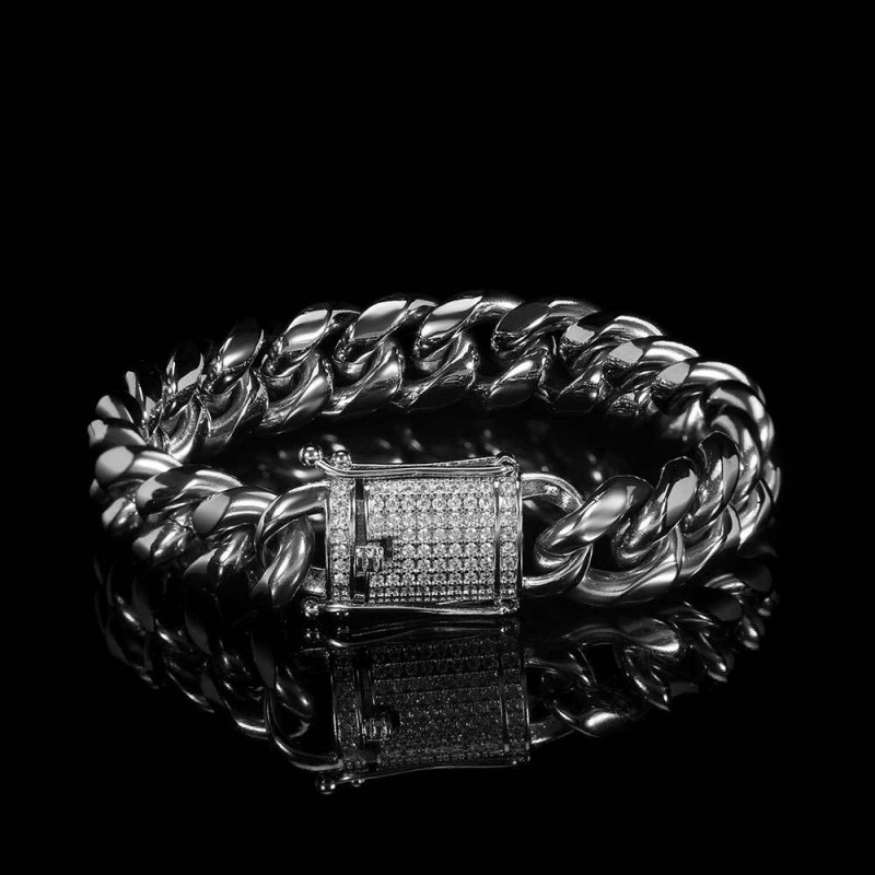 European And American Hip-hop Style 12mm Diamond-studded Clasp Stainless Polished Encrypted Cuban Chain Real Gold Plated_voghion.com