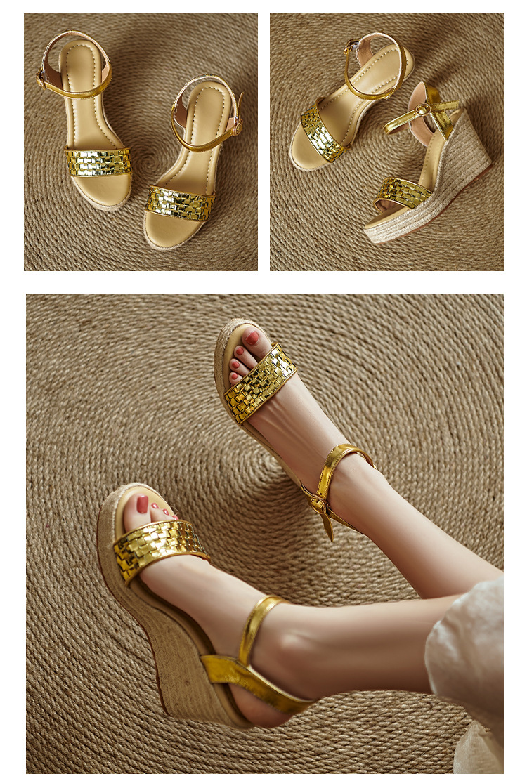 Sandal cao gót nữ quai ngang đan bện màu vàng bạc, đế xuồng đan rơm, gót 9 cm — màu vàng, bạc chi tiết 14