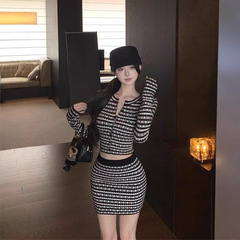 小香风套装条纹v领长袖开衫上衣女秋季辣妹包臀半身裙短裙两件套