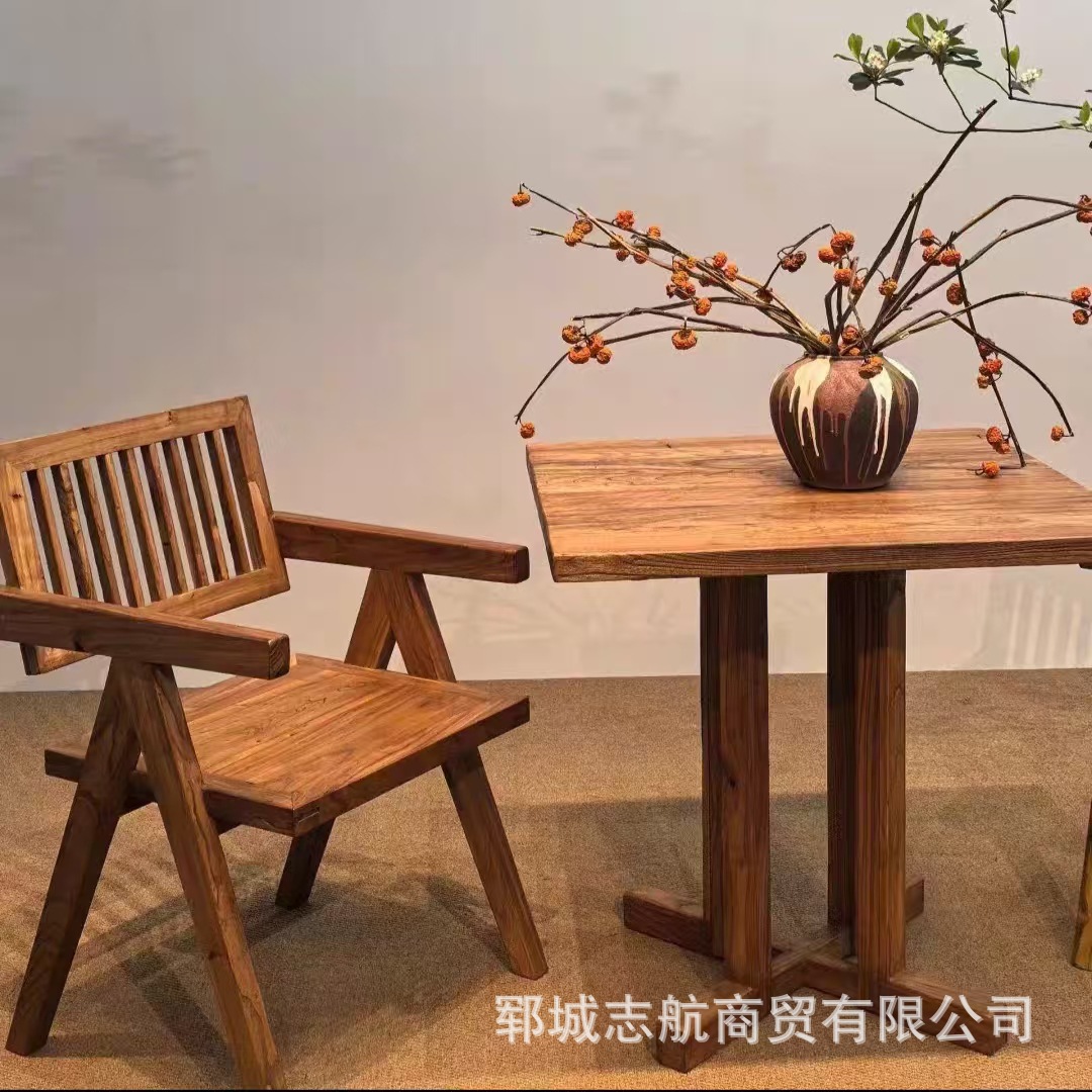 Wabi-Sabi Style Old Elm Coffee Table, Guesthouse Tavern Solid Wood Square Table, Home Living Room Chinese Retro Dining Table and Chairs