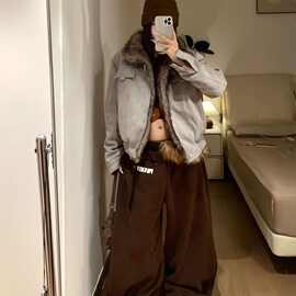美式毛毛拼接立领加绒甜酷宽松休闲加厚叠穿秋冬款短外套情侣夹克