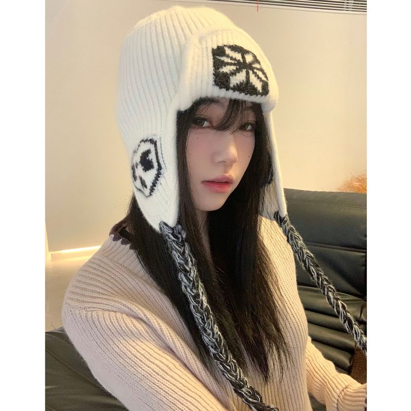 韩版小众花朵流苏雷锋帽女秋冬氛围感保暖防寒毛线帽针织护耳帽潮|undefined