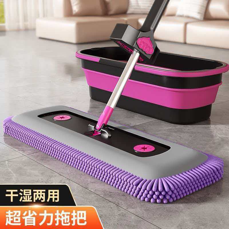 Household rotating flat mop, chenille material, hands-free, with liquid dispenser, suitable for both wet and dry cleaning, and features a thickened mop head