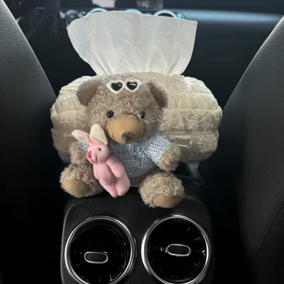 Car tissue box/set – tissue box, armrest box, seat-mounted - blue-clothed-little-brown-bear-with-rabbit-pillow-puff-tissue-box-armrest-box