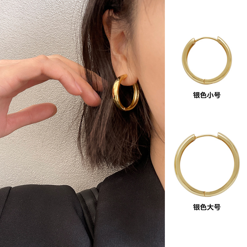 金色素圈925銀針耳環女簡約氣質圓臉顯瘦圓圈冷淡風設計感耳飾品