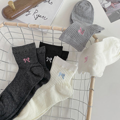 襪子女夏季薄款網眼透氣蝴蝶結刺繡短筒襪ins芭蕾風奶油色無骨襪