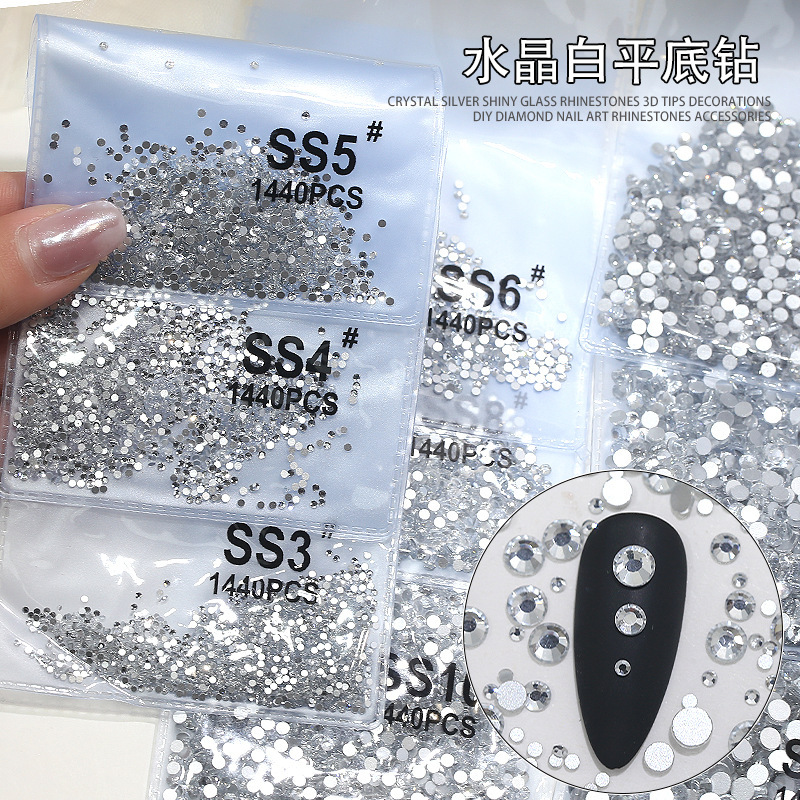 Wholesale Full Pack of Super Shiny Nail Rhinestones, White Flat-Back Rhinestones, Decorative Round Rhinestones, Crushed Rhinestones, Wearable Nail Accessories