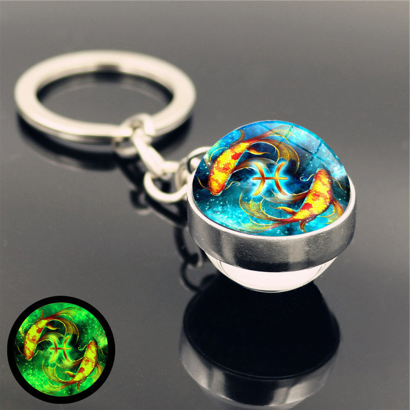 12 Constellation Keychain, Luminous Crystal Glass Ball Pendant Metal Key Ring, Birthday Party Theme Gift