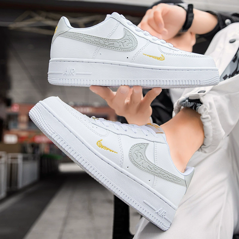 Putian Air Force One Af1 White Gray Gold Sneakers for Men and Women Nike Official Low-Top Couple White Shoes Sports and Leisure