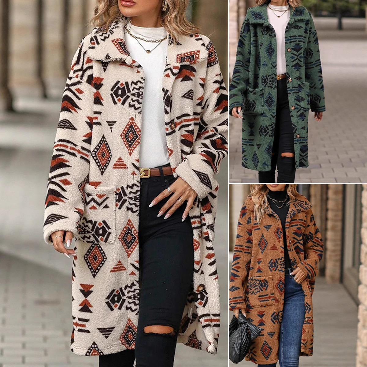 亚马逊女装欧美跨境2025秋冬热卖爆款翻领长袖毛绒大衣女长款外套