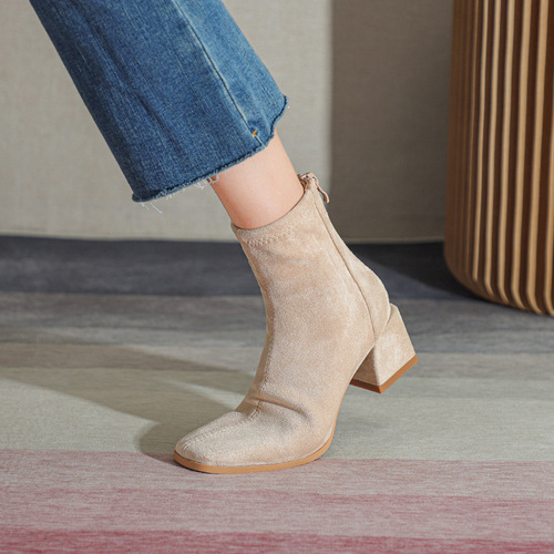 Fuhao square toe short boots for women thick heel women's boots French nude boots slim boots suede winter women's shoes stretch boots for women