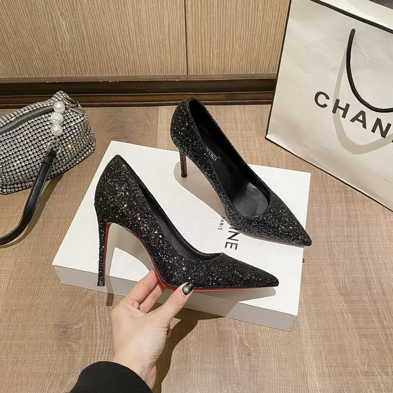 2025春季新款高跟鞋女细跟亮片时尚婚鞋伴娘鞋18岁成人礼单鞋女