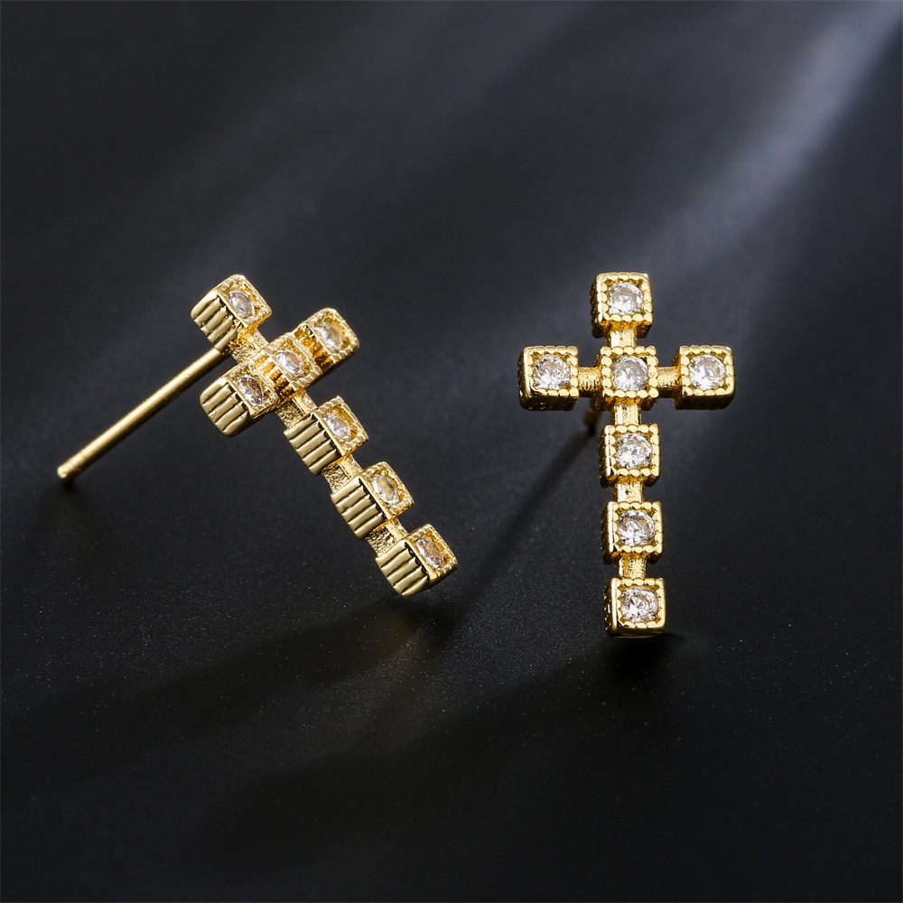 Fashion Copper 18k Gold Three-dimensional Cross Zircon Earrings Female New Stud display picture 1