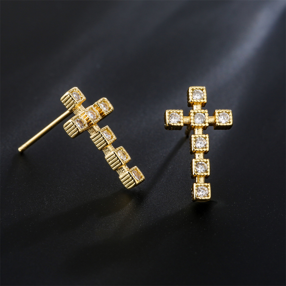 Fashion copper 18K gold three-dimensional cross zircon earrings female new stud