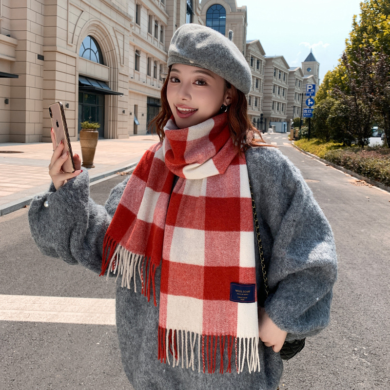 学院风拼色格子围巾女冬季保暖高级感羊毛百搭围脖时尚韩系厚披肩