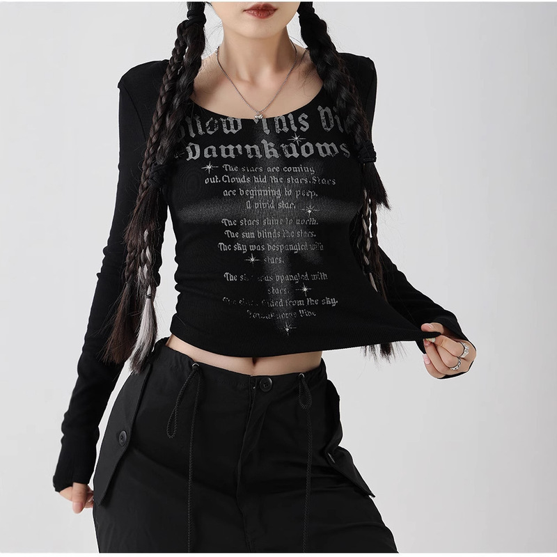 [Designer Style] American Sweet Hot Girl U-Neck Long Sleeve T-Shirt Women's Autumn and Winter Inner Layering Shirt Slim Fit Top