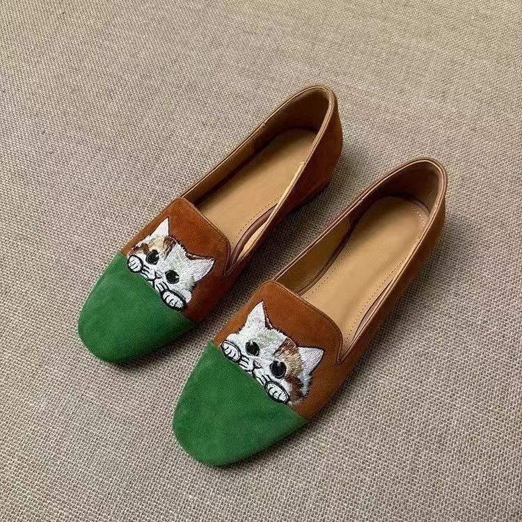 Zhao Cai Gato 2026 nuevo bordado esmerilado un pie de zapatos de Lefour hombre zapatos de tacones bajos para mujeres zapatos de gato Bean