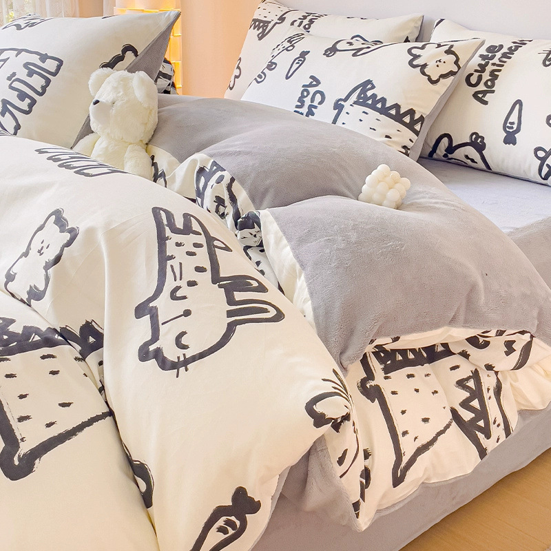 Juego de cuatro piezas de terciopelo de leche de algodón puro 2023 nuevo otoño e invierno más funda de edredón de sábana de terciopelo de coral juego de tres piezas