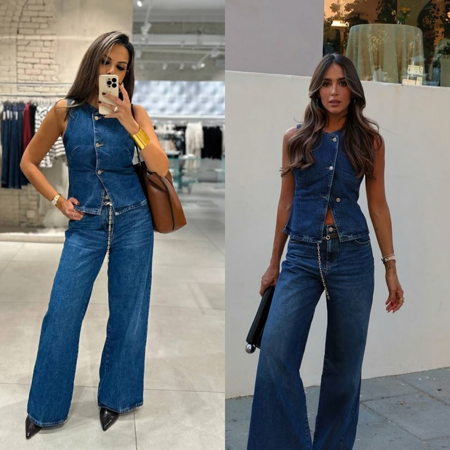 Conjunto de chaleco vaquero y pantalones anchos para mujer_voghion.com