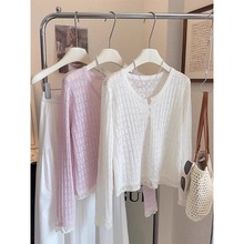 韩系减龄V领纽扣薄款长袖T恤女夏季chic蕾丝拼接镂空针织上衣外套