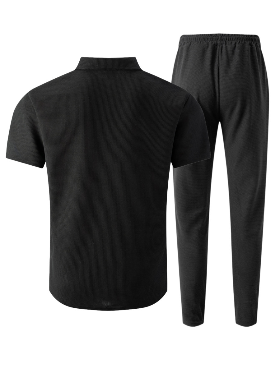 Herren Waffelstrick Set Hemd Mit Hose Zweiteiler Sommer Mode_voghion.com