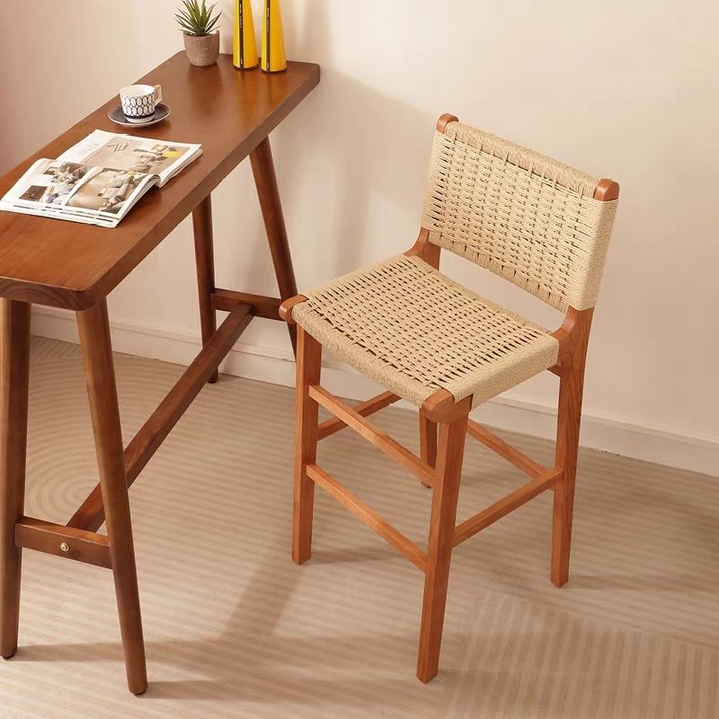 Japanese-Style Bar Stool Solid Wood Homestay Cafe Bar Nordic Home Japanese-Style Backrest Rope Woven Bar Chair Dining Chair Restaurant