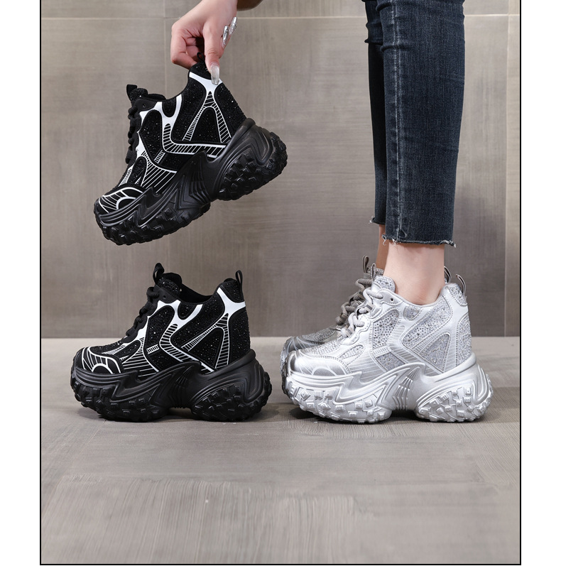 Giày sneaker nữ đế dày độn cao bên trong, phong cách bánh mì thoáng khí — Màu đen chi tiết 20