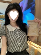 娃娃领格子泡泡袖T恤女2024夏季新款韩版甜美修身打底衫短款上衣