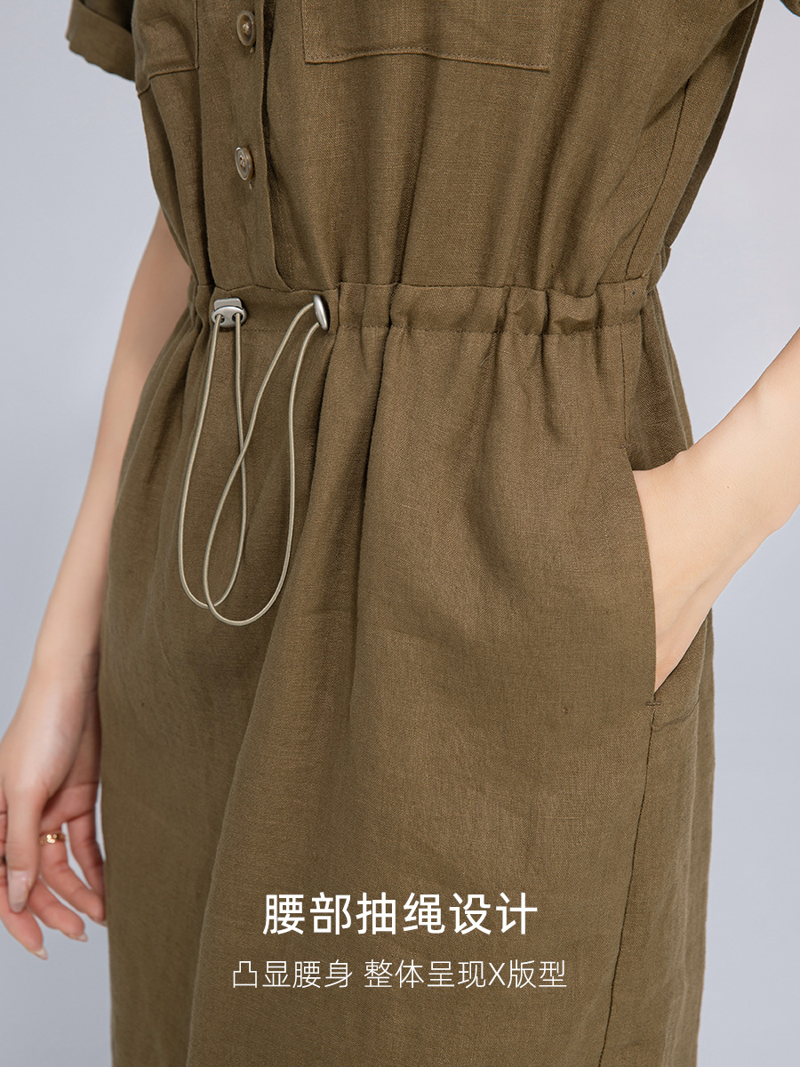 Váy maxi vải lanh nữ dáng rộng tay ngắn eo dây rút — Xanh ô liu
