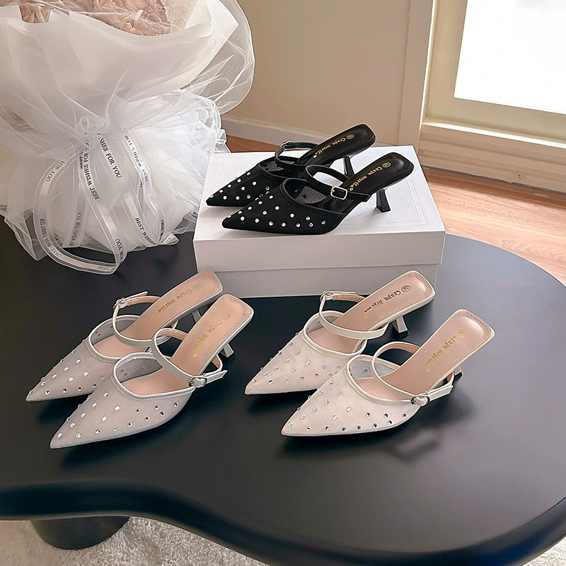 Женские летние босоножки в стиле "Grape Mom" с универсальным дизайном, стразами, сексуальным заостренным носком, сетчатой дышащей тканью, тонким каблуком 6 см и открытой пяткой.