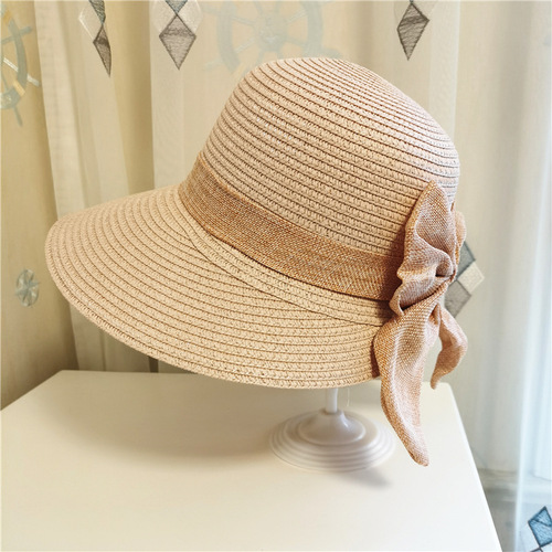 Summer bow sun hat Korean style large brim straw hat trendy wide brim folding summer sun hat women's sun protection beach hat