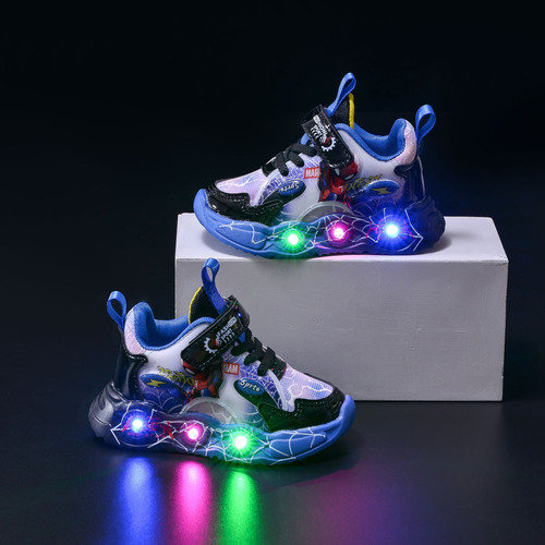 2024 Spring and Autumn New Children's Sports Shoes with Leather Spider-Man LED Sensing Light, Boys' Sports Casual Shoes