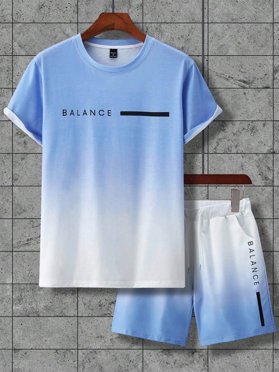 Lema de letras de color degradado estampado 3D traje de hombre camiseta traje deportivo de hombre cuello redondo pantalones cortos con cordón de manga corta